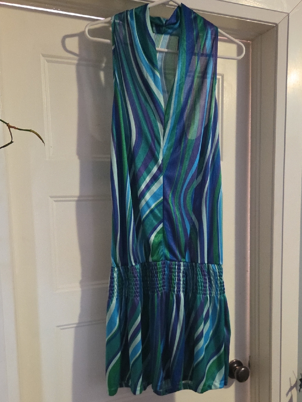 Sleeveless V-Neck Striped Mini Dress in Blue & Green